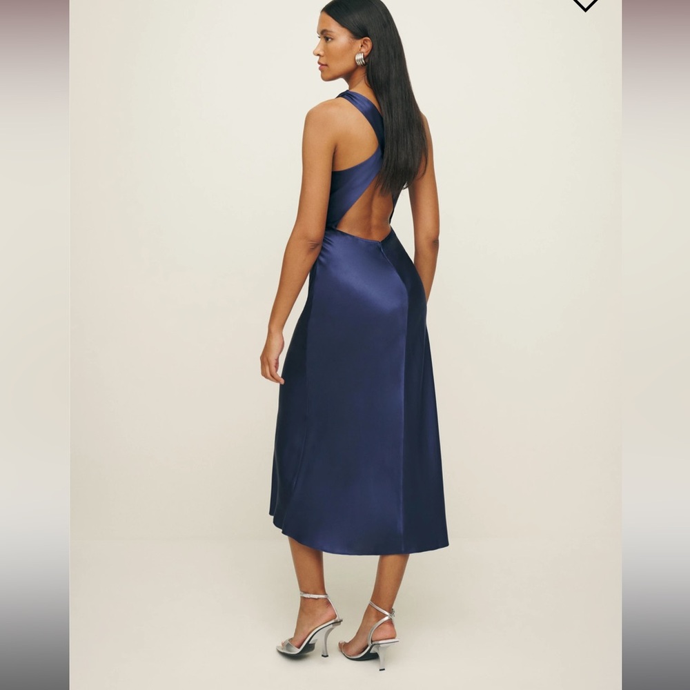 Reformation Navy Blue Satin Cowl-Neck Midi Dress - Picture 4 of 7